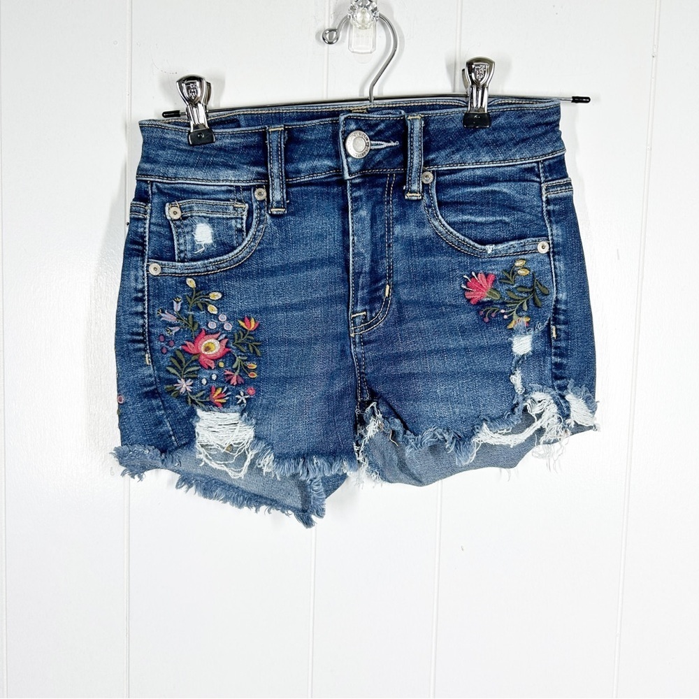 American Eagle Outfitters Denim Embroidered Floral Hi-Rise Shortie Shorts 0